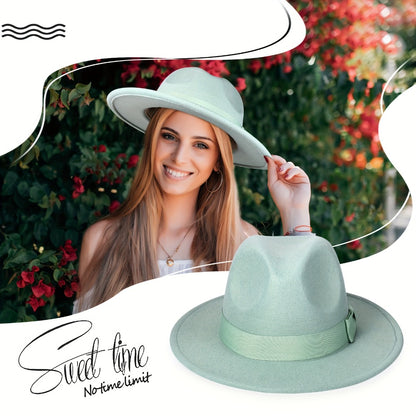 Fedora Hat - Panama Wide Brim Jazz Cap for Men Women Classic Woven with Bow Knot - product detail view 12