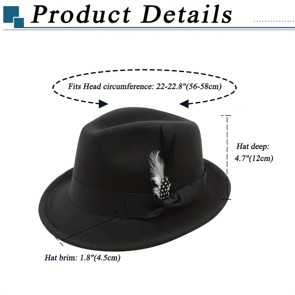 Fedora Hat - for Men Women Short Brim Felt Feather Band Classic Panama Dress Unisex - product detail view 2