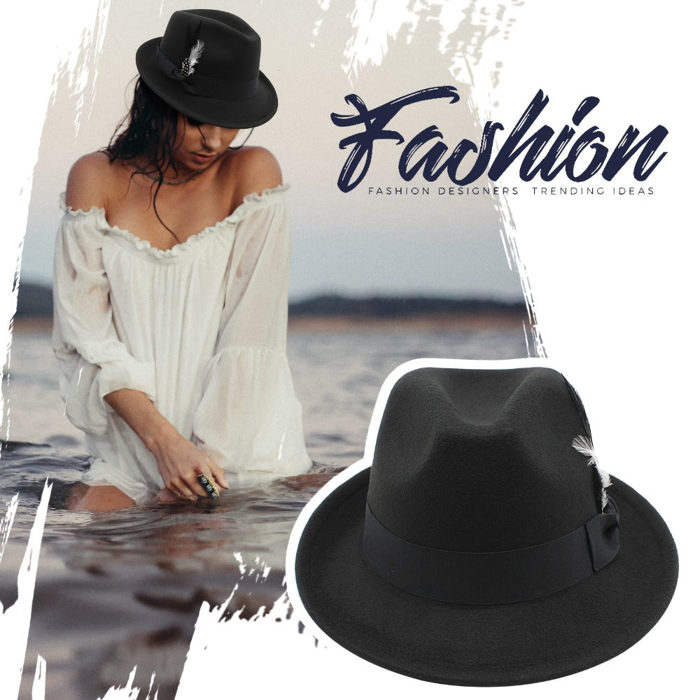 Fedora Hat - for Men Women Short Brim Felt Feather Band Classic Panama Dress Unisex - product detail view 8