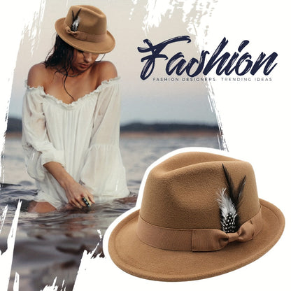 Fedora Hat - for Men Women Short Brim Felt Feather Band Classic Panama Dress Unisex - product detail view 10