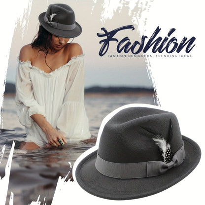 Fedora Hat - for Men Women Short Brim Felt Feather Band Classic Panama Dress Unisex - product detail view 14
