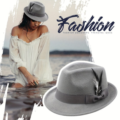 Fedora Hat - for Men Women Short Brim Felt Feather Band Classic Panama Dress Unisex - product detail view 17