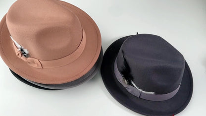 Fedora Hat - for Men Women Short Brim Felt Feather Band Classic Panama Dress Unisex - product detail view 18
