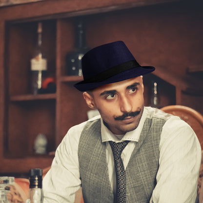 Fedora Hat - Men Short Brim Manhattan Structured Trilby Jazz Cap Gangster Style Elegant - product detail view 13