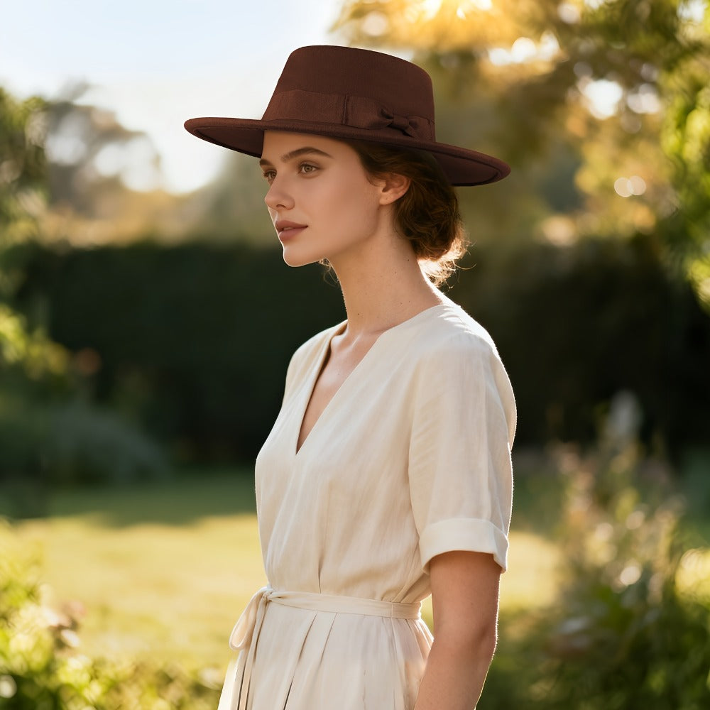 Fedora Hat - Women Wide Brim Felt with Bow - Elegant Ladies Panama Church Derby - product detail view 10