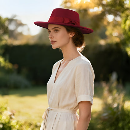 Fedora Hat - Women Wide Brim Felt with Bow - Elegant Ladies Panama Church Derby - product detail view 18