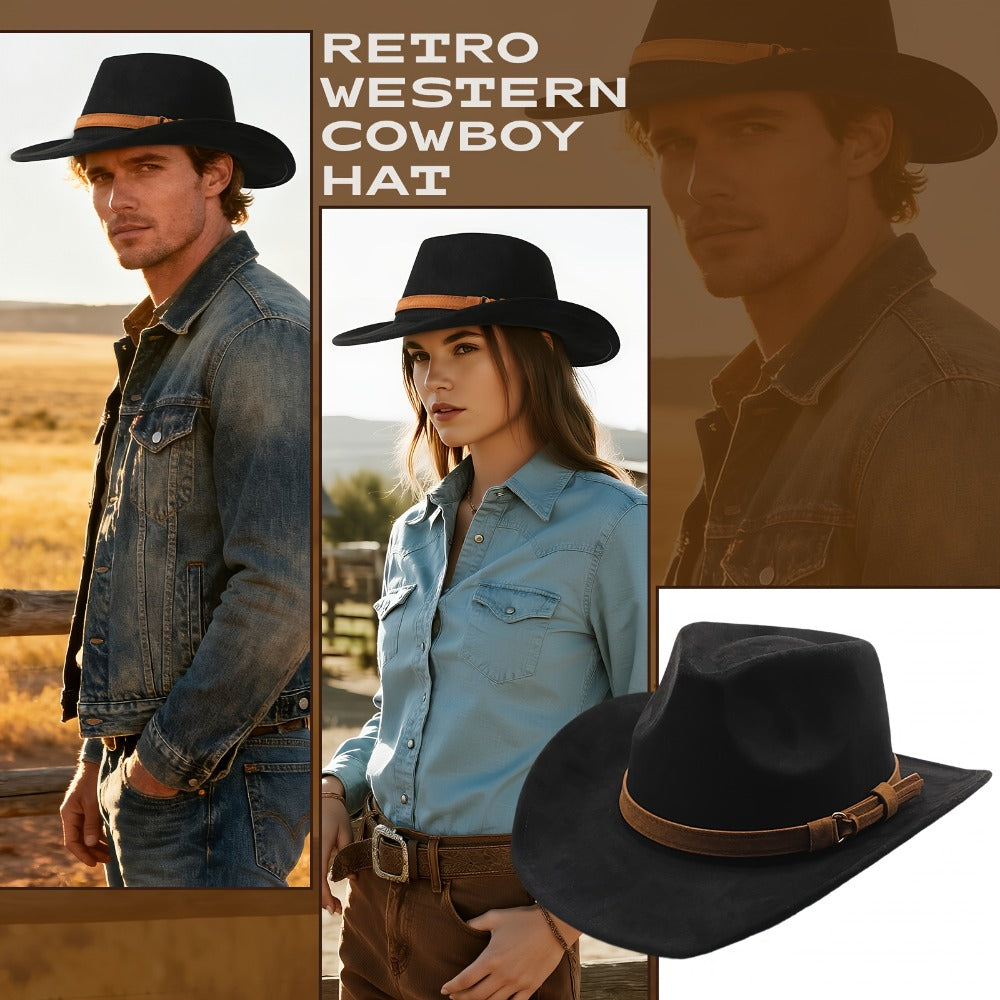 Fedora Hat - Wide Brim Retro Western Cowboy Style for Men Women Casual Travel Outdoor - product detail view 4