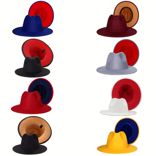 Fedora Hat - Wide Brim Two Tone Trilby Panama Jazz Cap Unisex Men Women Adjustable - main product view