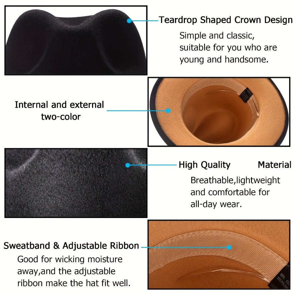 Fedora Hat - Wide Brim Two Tone Trilby Panama Jazz Cap Unisex Men Women Adjustable - product detail view 6