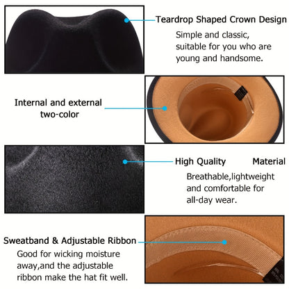 Fedora Hat - Wide Brim Two Tone Trilby Panama Jazz Cap Unisex Men Women Adjustable - product detail view 6