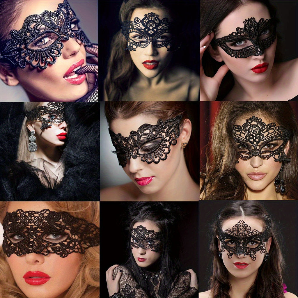 5pcs Sexy Black Fabric Lace Eye Masks Set Random Lace Mask | Half-Face Mask Women Party Cosplay Masquerade Accessories Vintage Hollow Black Flower Eye Masks Proms, Music Festivals, And Holiday Wear Accessories