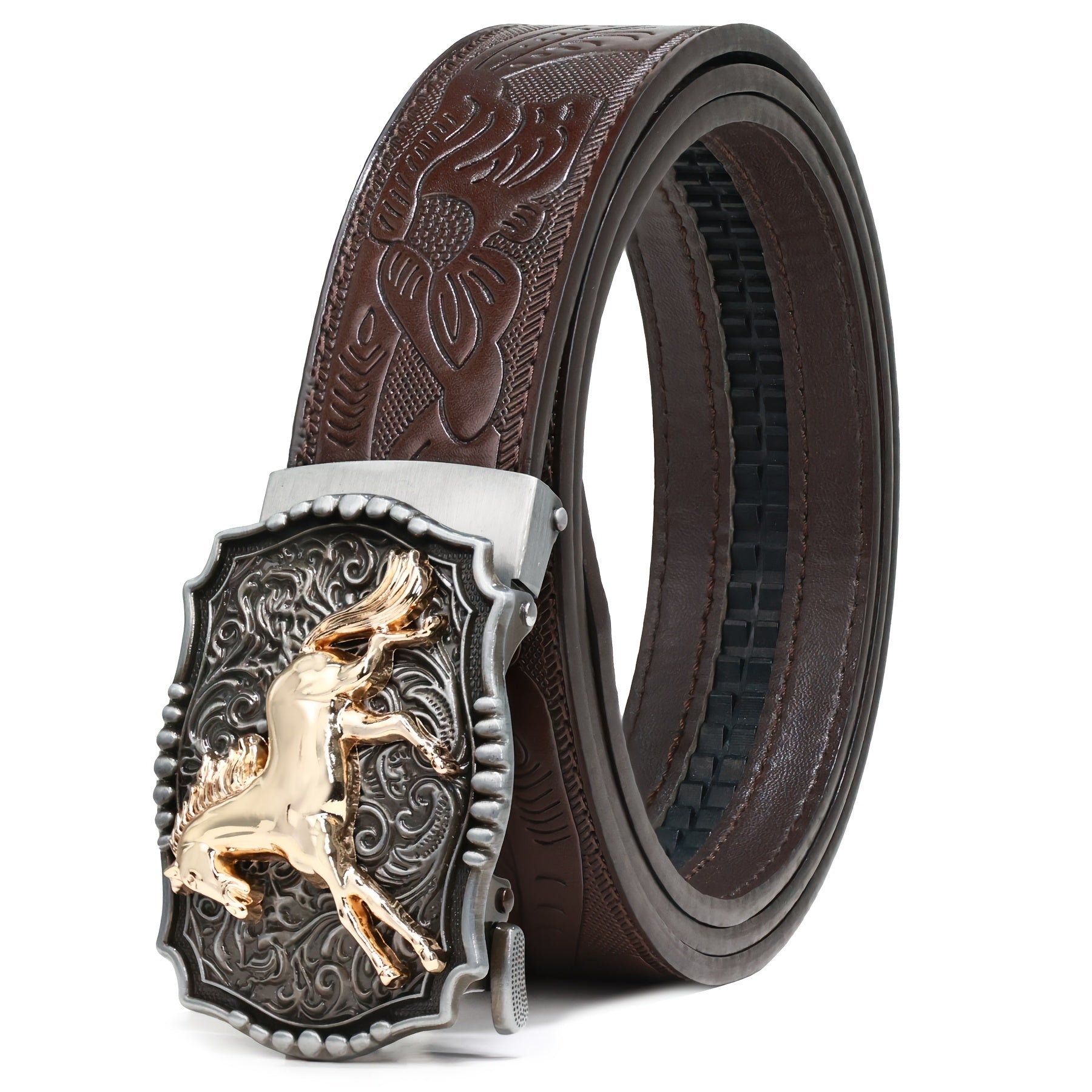 Men'S Western-Style Adjustable Belt, Synthetic Faux Leather Sliding Ratchet Belt Designed for Men, Featuring an Automatic Click Buckle Suitable for Jeans, Perfect Gifts for Father'S Day And Christmas