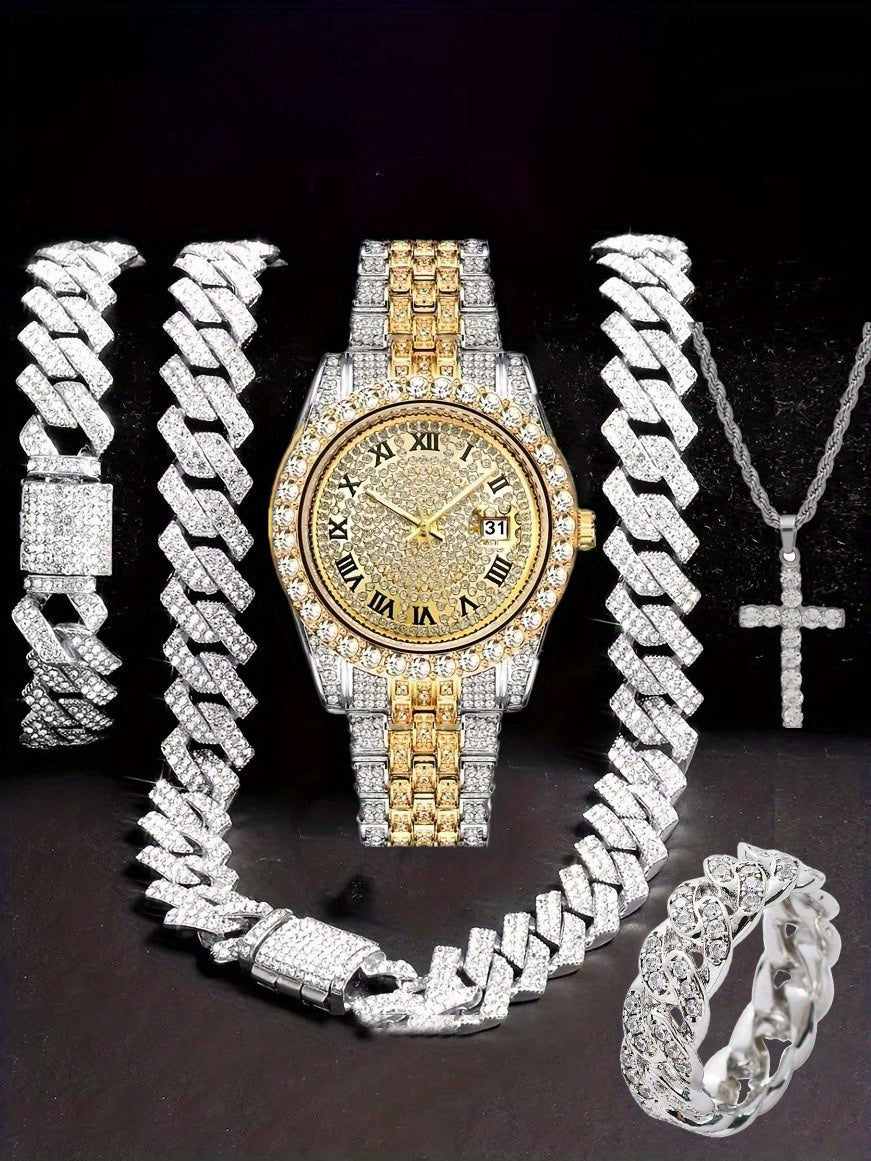 Men'S Hip Hop Set: Trendy Watch, Cuban Chain Pendant Necklace And Bracelet Combo, Stylish Men'S Additions Gift for Christmas, Birthday, Valentine'S Day, And Father'S Day