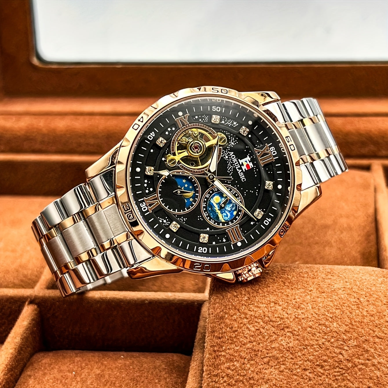 Automatic Mechanical Watch Men Tourbillon Skeleton Rose Gold Stainless Steel – Starry Sky Luminous Dial Iced Out Business Casual Wristwatch Gift Box
