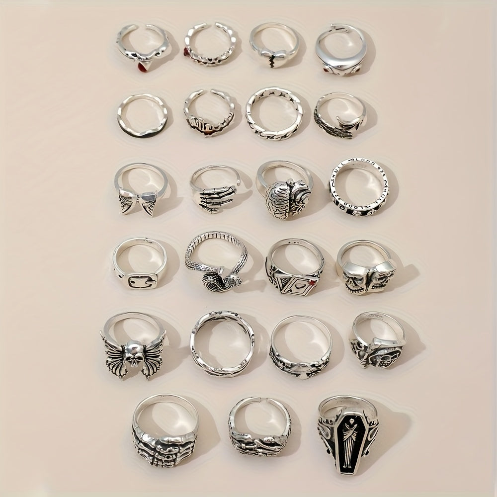 [24pcs Punk Ring Set] 24pcs Random Retro Punk Ring Set, Dark Style Spider Skull Cross Jewelry, Suitable for Daily And Party Wear, Trendy Accessories