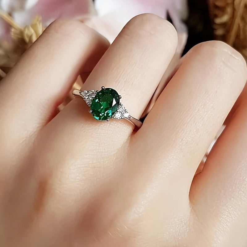 Green Oval Zirconia Ring S925 Sterling Silver for Women - Elegant Emerald-Style Synthetic Stone Cocktail Ring, Wedding Anniversary Party Gift, Sizes 6-10