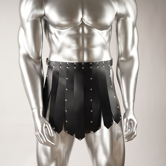 1pc Vintage Gothic Gladiator Skirt for Men, Black Faux Leather with Tassel Detail, Iron Buckle, Square Button, Harness Belt Style, Ideal for Halloween, Mardi Gras, Football - Average Size