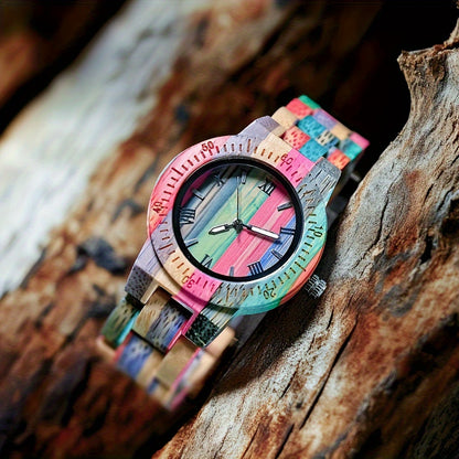 Handmade Bamboo Engraved Wooden Watch with Luminous Hands & Date Display - Lightweight Colorful Natural Wood Analog Quartz Wristwatch, Unique Eco-Friendly Gift for Men & Women