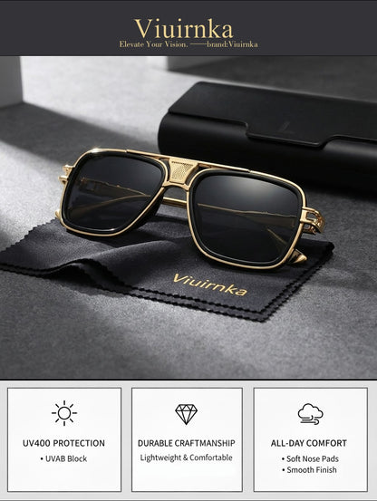 Square Sunglasses for Men – Retro Classic Metal Frame UV400 Polarized Lightweight Eyewear, Unisex Gradient Shades for Daily Wear & Outdoor Activities, Includes Case & Cleaning Cloth
