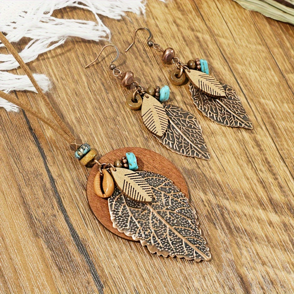 Boho Leaf Pendant Necklace & Earrings Set 3pcs for Women - Vintage Style Bohemian Jewelry Set, Versatile All-Season Accessories for Daily Wear, Vacation & Gifting