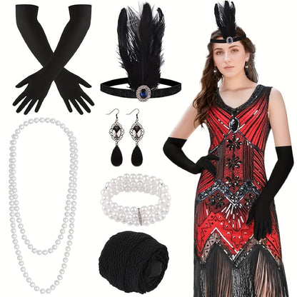 Flapper Dress - with Accessories Set 1920s Sequin Fringe Great Gatsby Costume Women V Neck - product detail view 3