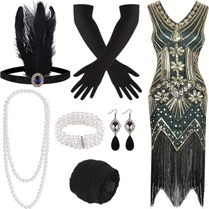 Flapper Dress - with Accessories Set 1920s Sequin Fringe Great Gatsby Costume Women V Neck - product detail view 16