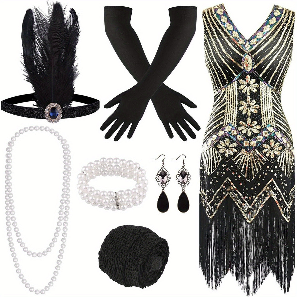 Flapper Dress - with Accessories Set 1920s Sequin Fringe Great Gatsby Costume Women V Neck - product detail view 17