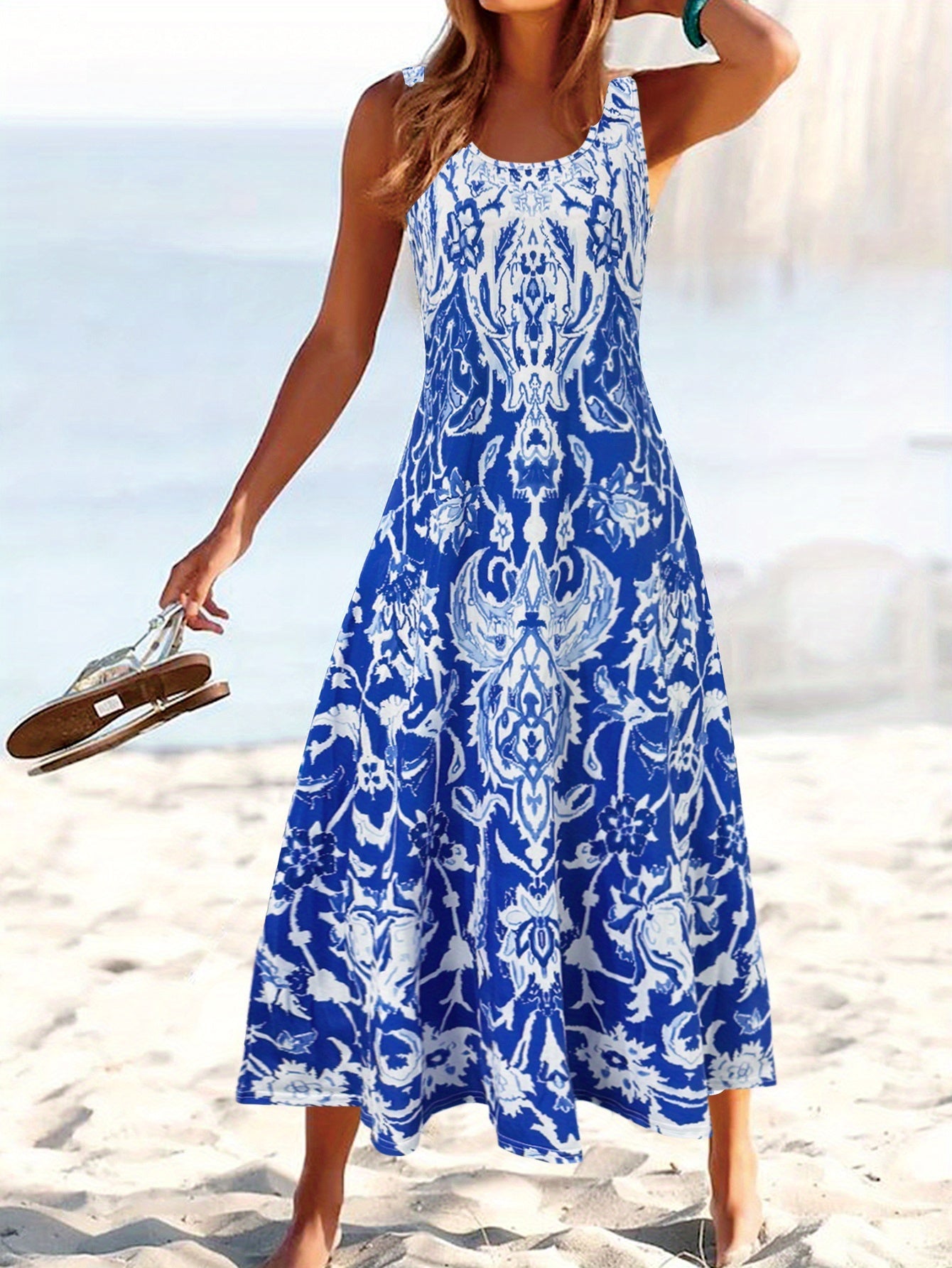 Floral Beach Dress with Pockets – Square Neck Khaki Style – Khaki option – main product image