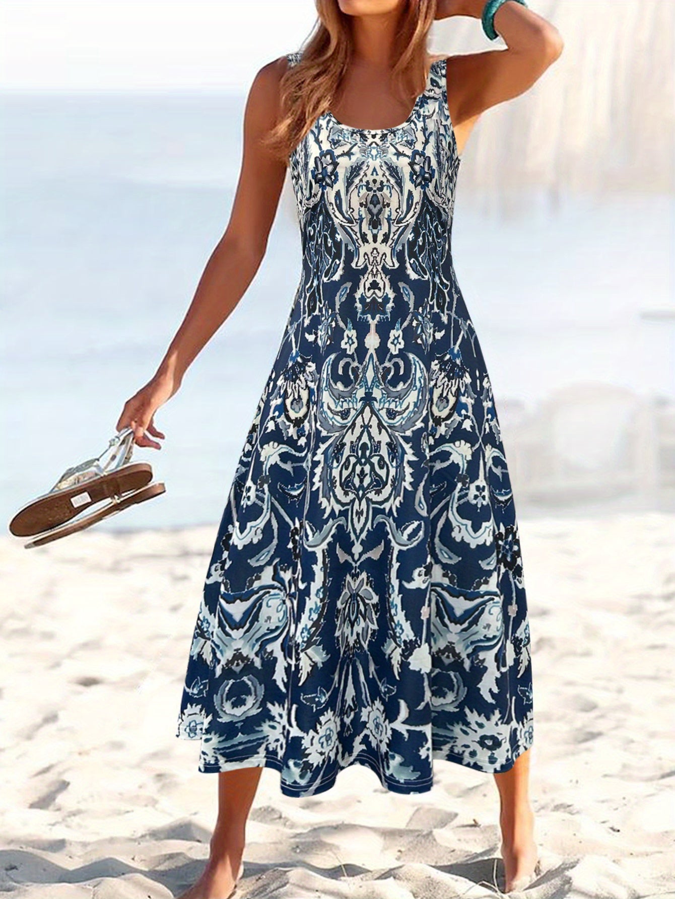 Floral Beach Dress with Pockets – Square Neck Khaki Style detail view