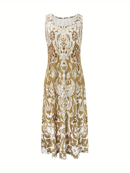 Floral Beach Dress with Pockets – Square Neck Khaki Style detail view
