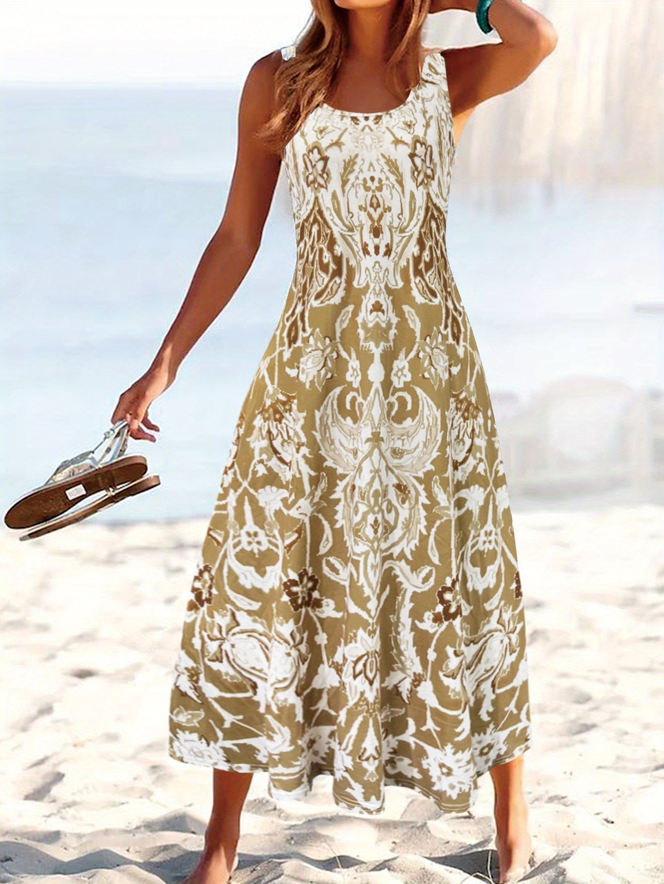 Floral Beach Dress with Pockets – Square Neck Khaki Style detail view