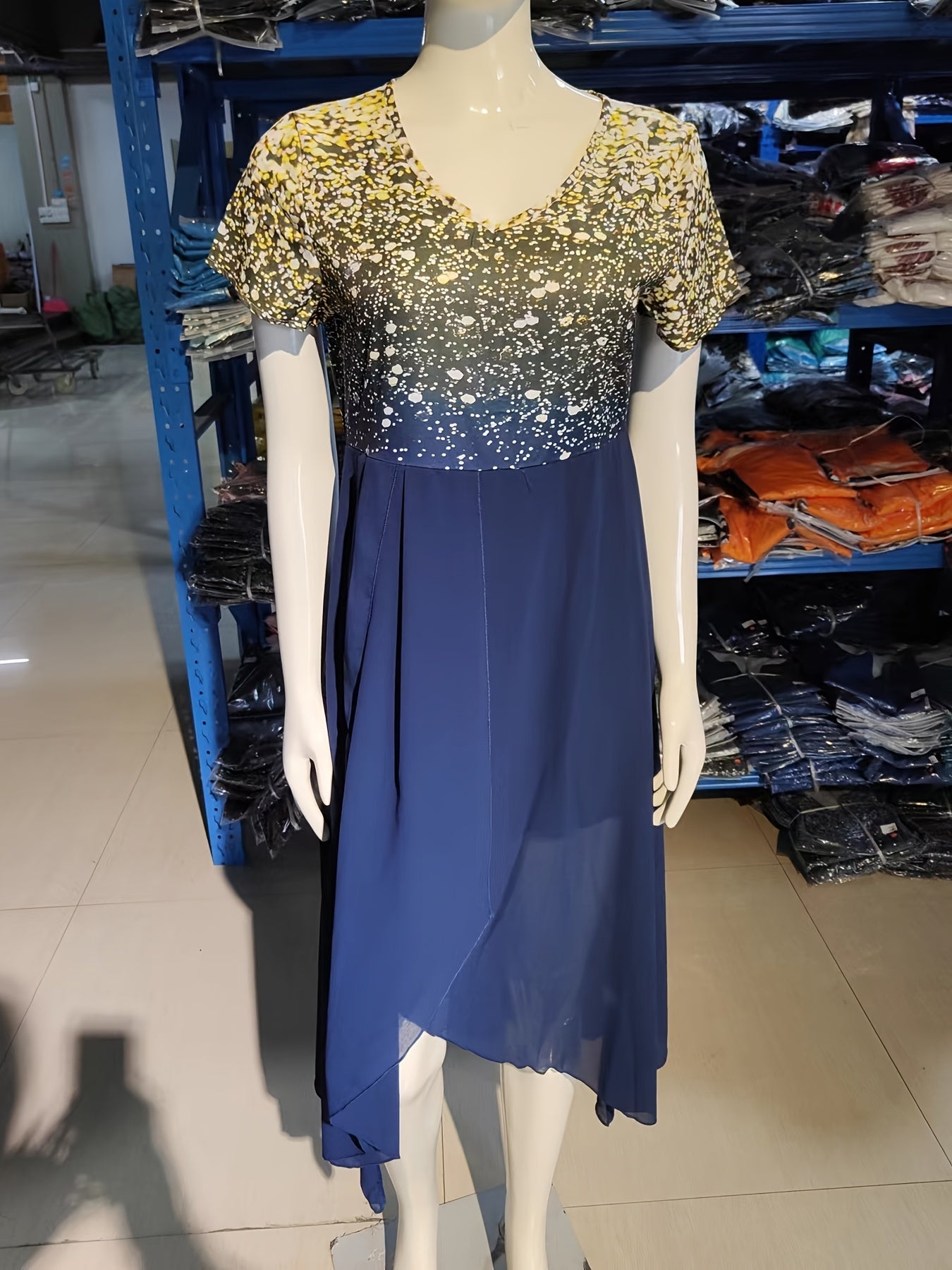 Floral Chiffon Dress – Yellow V-Neck Summer Style detail view