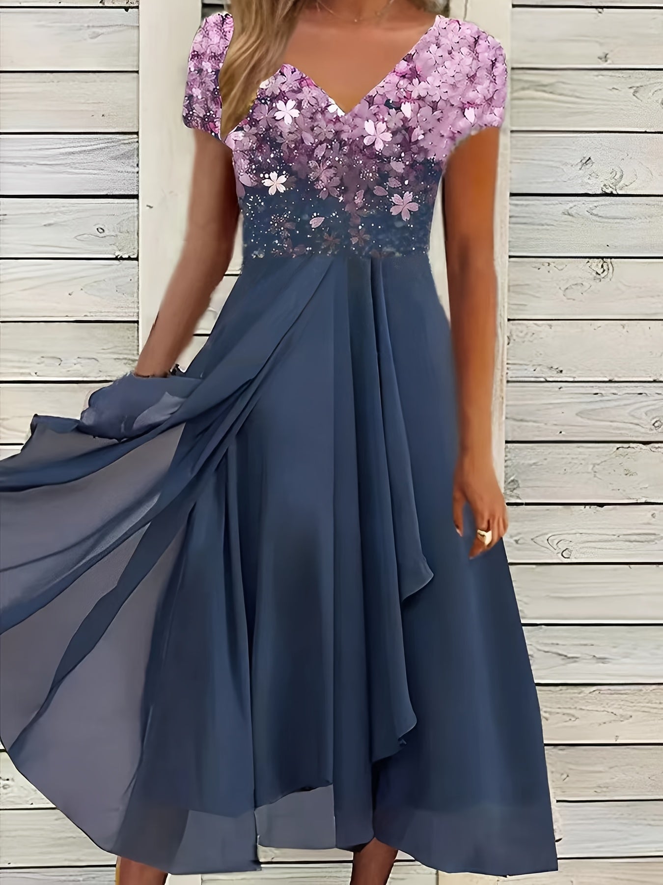 Floral Chiffon Dress – Yellow V-Neck Summer Style detail view