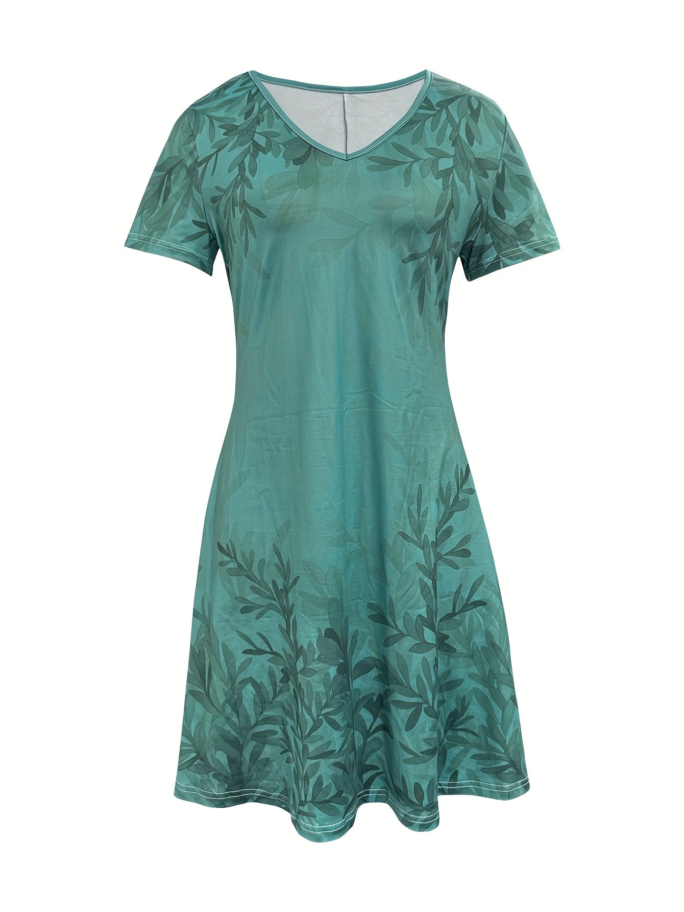 Floral V-Neck Midi Dress – Olive Retro Short Sleeve Style detail view