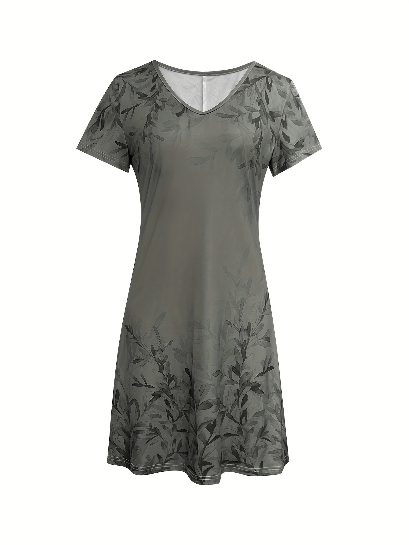 Floral V-Neck Midi Dress – Olive Retro Short Sleeve Style detail view