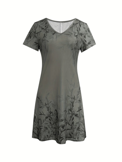 Floral V-Neck Midi Dress – Olive Retro Short Sleeve Style detail view