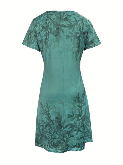Floral V-Neck Midi Dress – Olive Retro Short Sleeve Style detail view