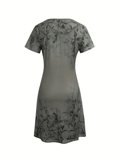 Floral V-Neck Midi Dress – Olive Retro Short Sleeve Style detail view