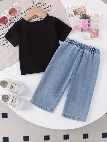 Girls' Denim Outfit Set - Short Sleeve Spring – view 9