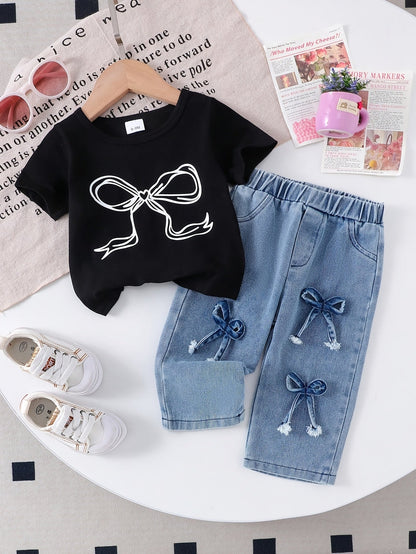 Girls' Denim Outfit Set - Short Sleeve Spring – view 10