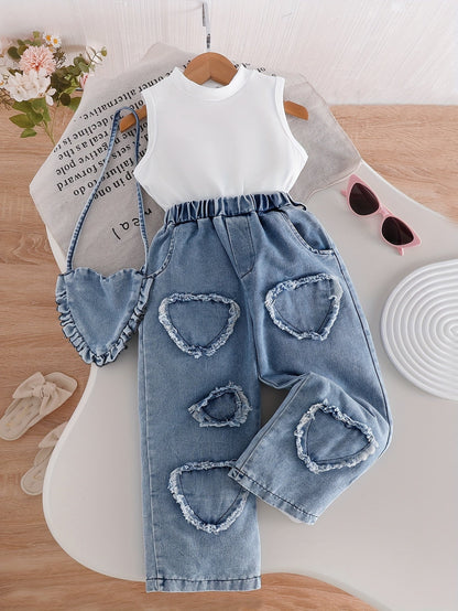 Girls' Denim Outfit Set - Sleeveless Fall – view 3
