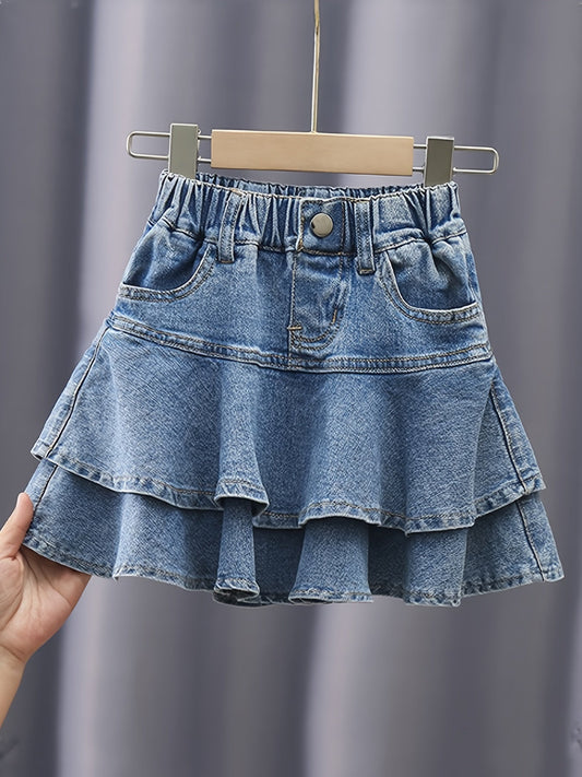 Girls' Layered Denim Skirt with Pocket - K-Pop Layered – Blue option – main product image