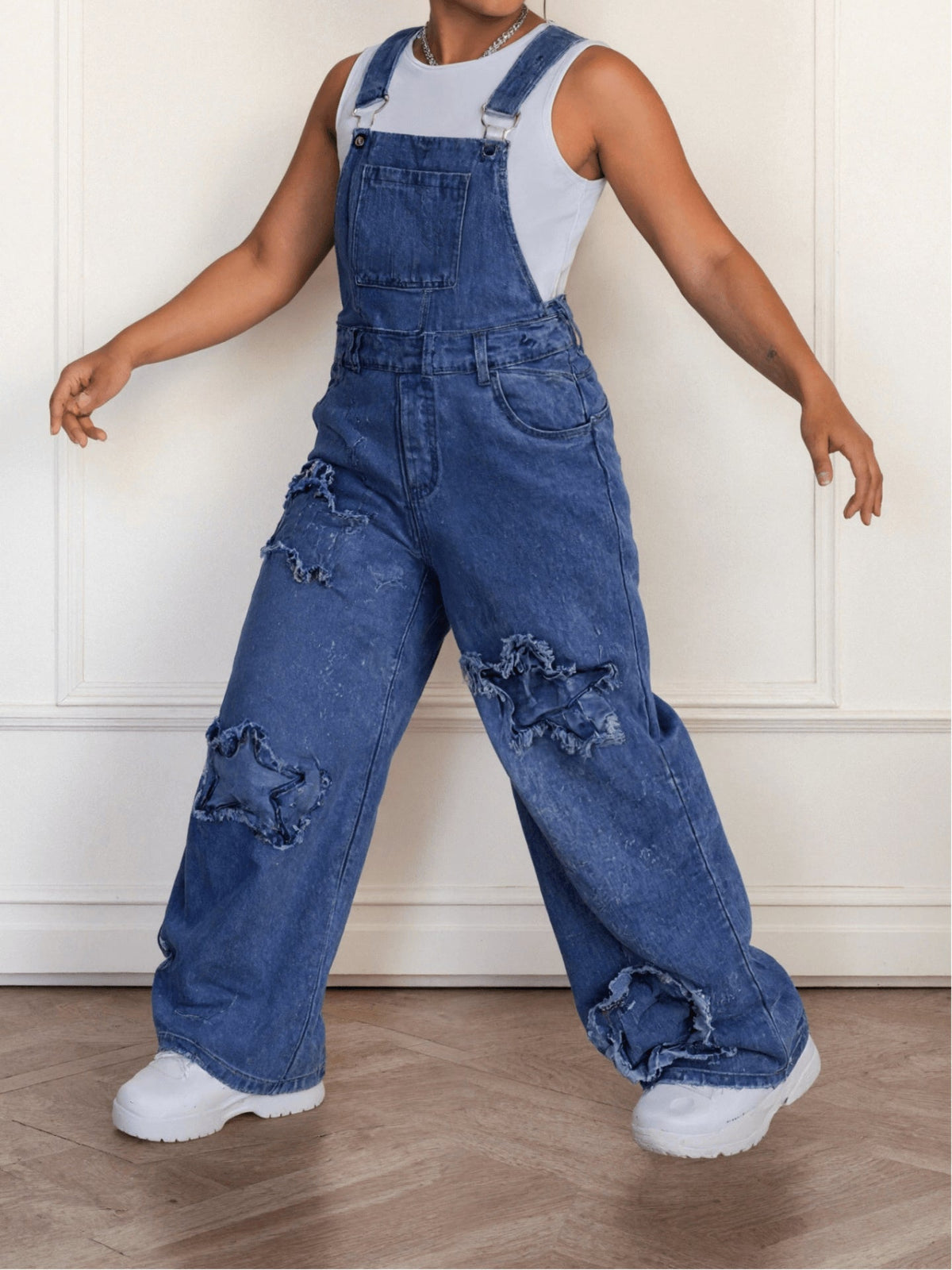 Girls' Star Embroidered Denim Overalls - Wide Leg – view 3