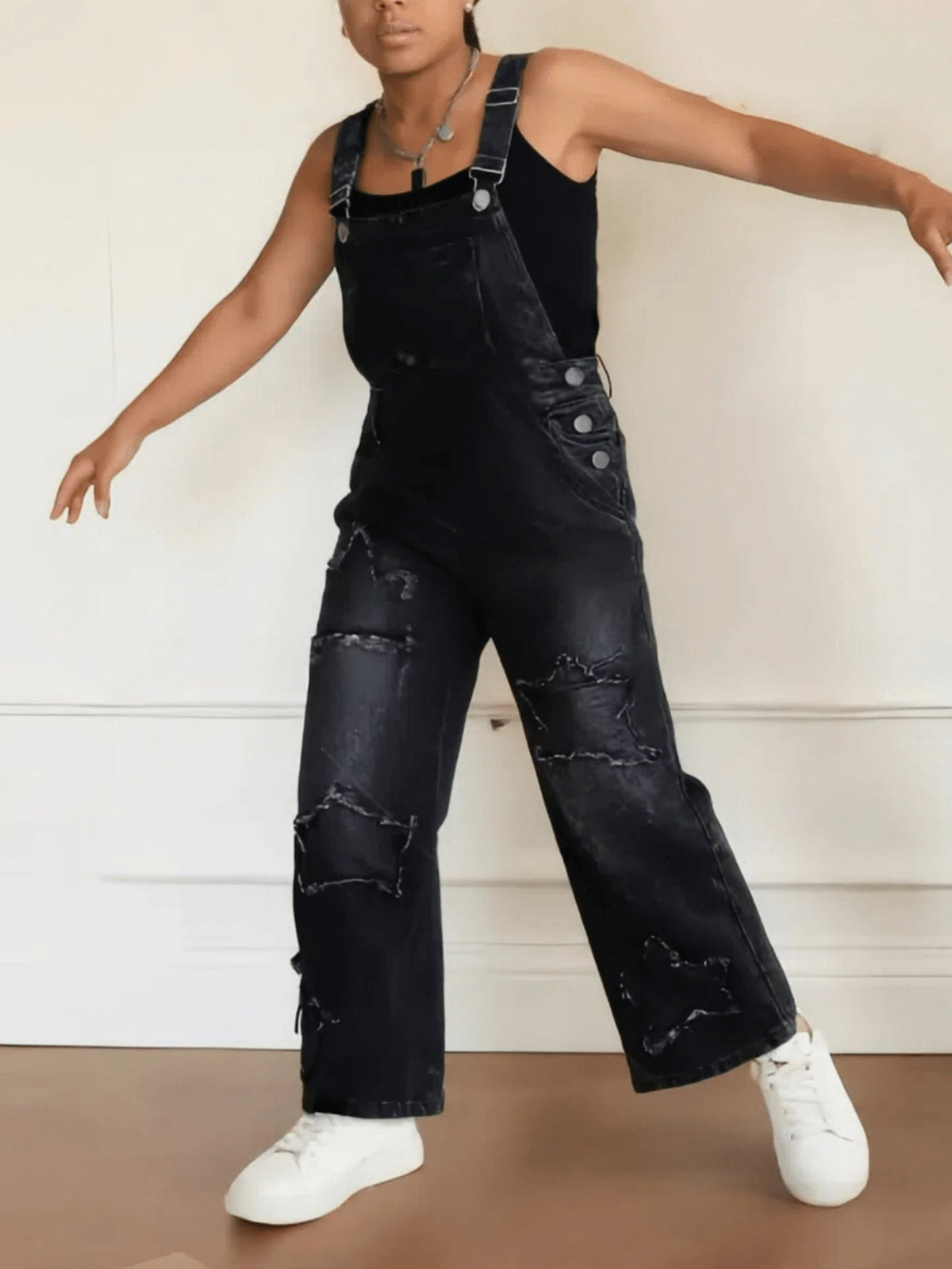 Girls' Star Embroidered Denim Overalls - Wide Leg – view 8