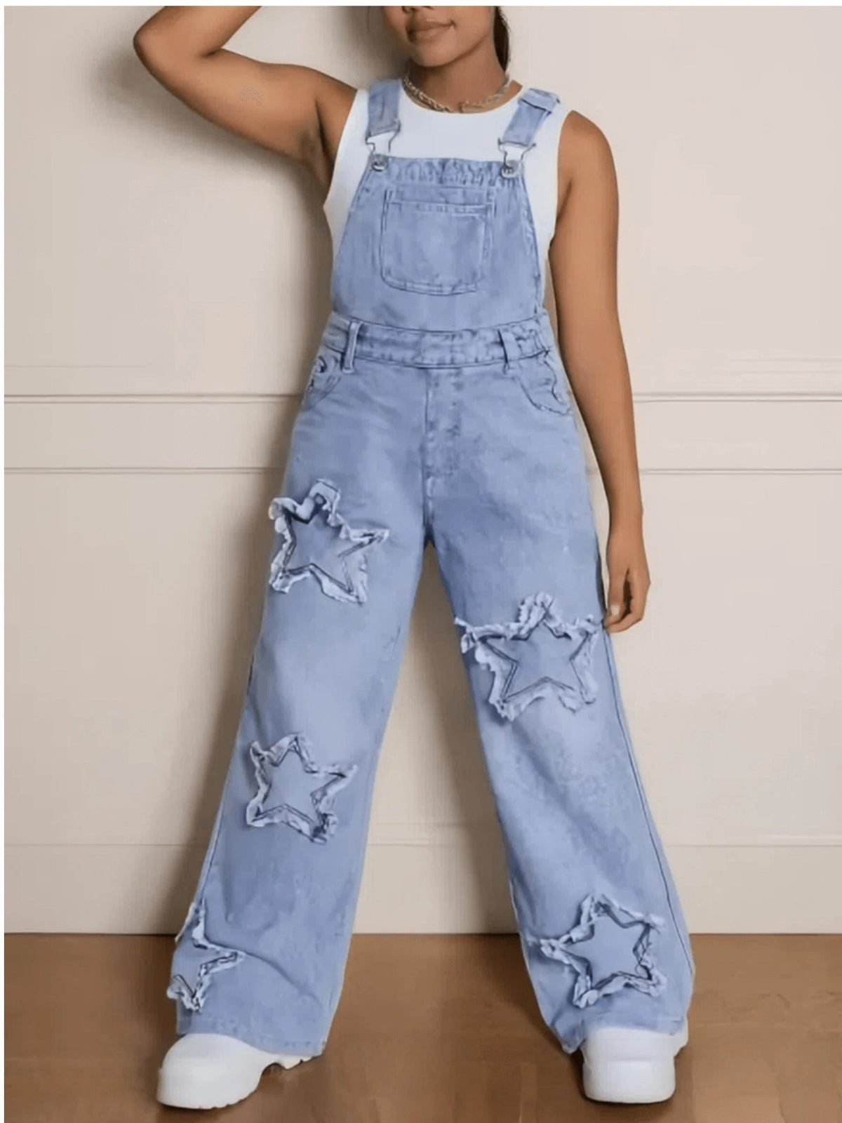 Girls' Star Embroidered Denim Overalls - Wide Leg – view 10