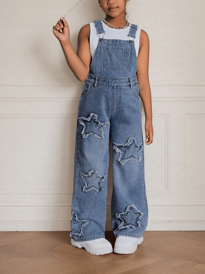 Girls' Star Embroidered Denim Overalls - Wide Leg – view 13