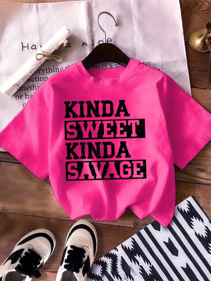 Girls' Sweet & Savage T-Shirt - Funny Quote – Red option – main product image