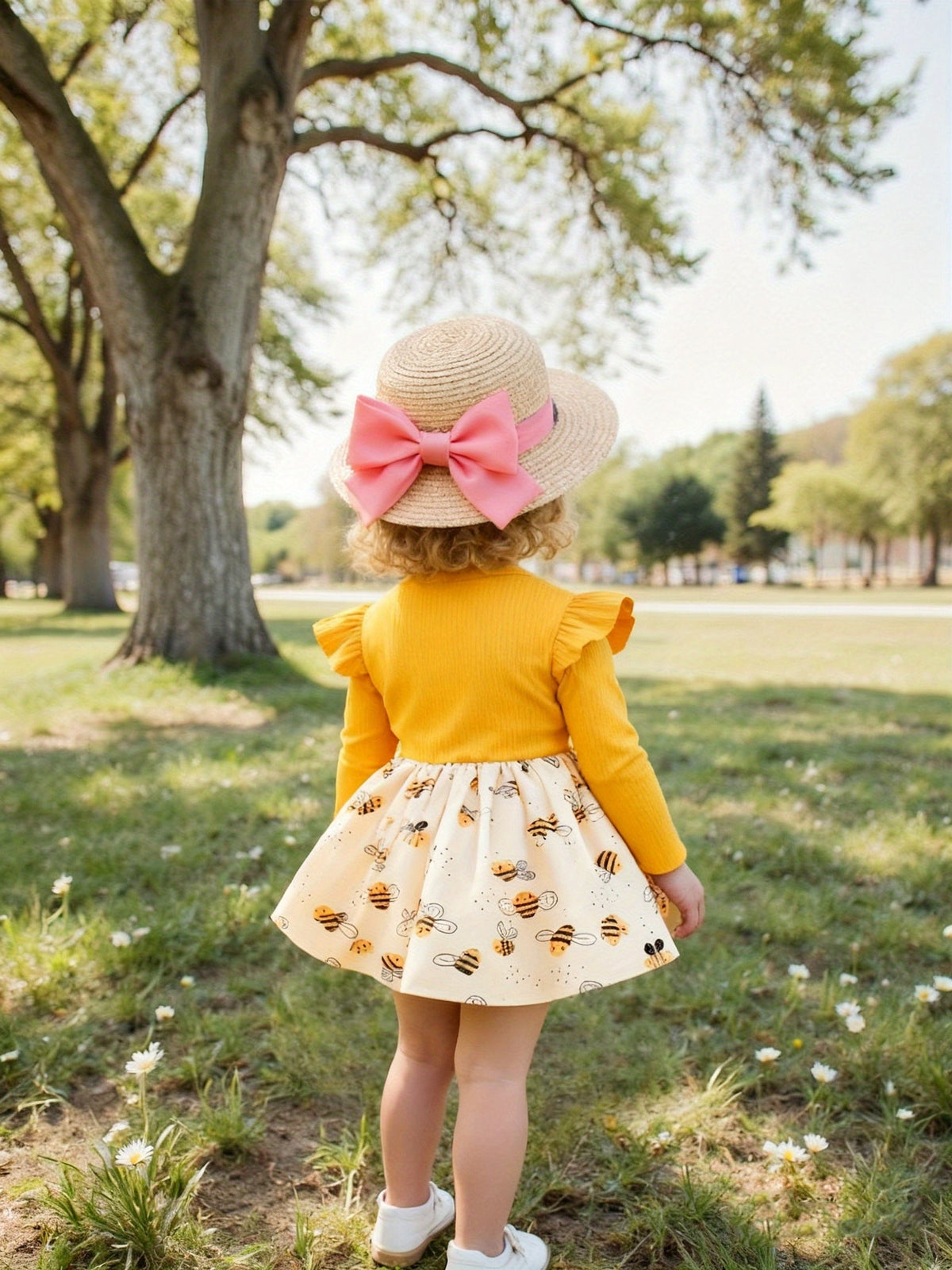 Girls' Yellow Polyester Printed Ruffle Dress – view 2