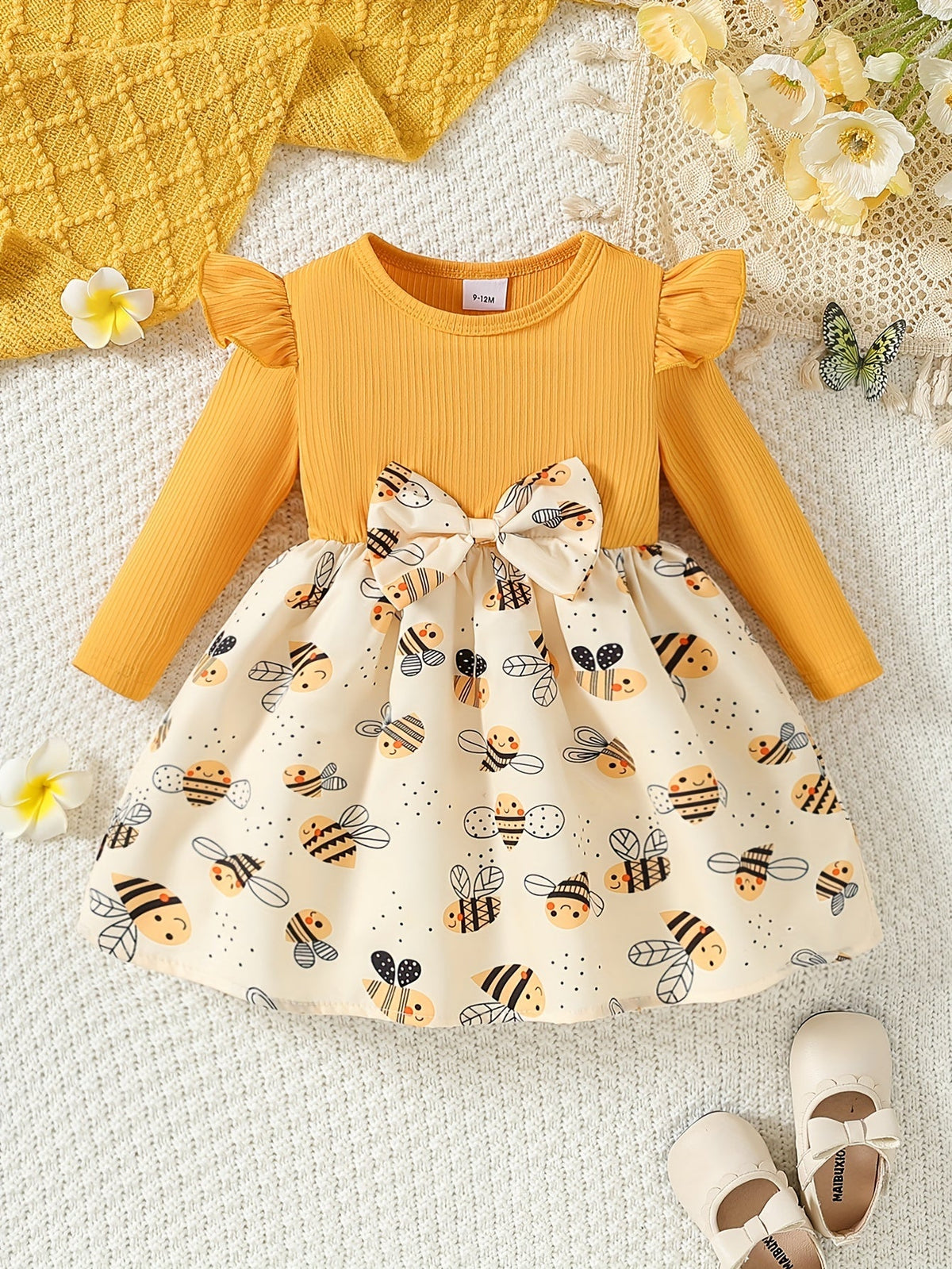 Girls' Yellow Polyester Printed Ruffle Dress – view 3