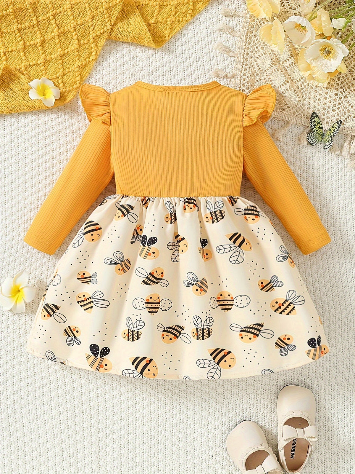 Girls' Yellow Polyester Printed Ruffle Dress – view 4
